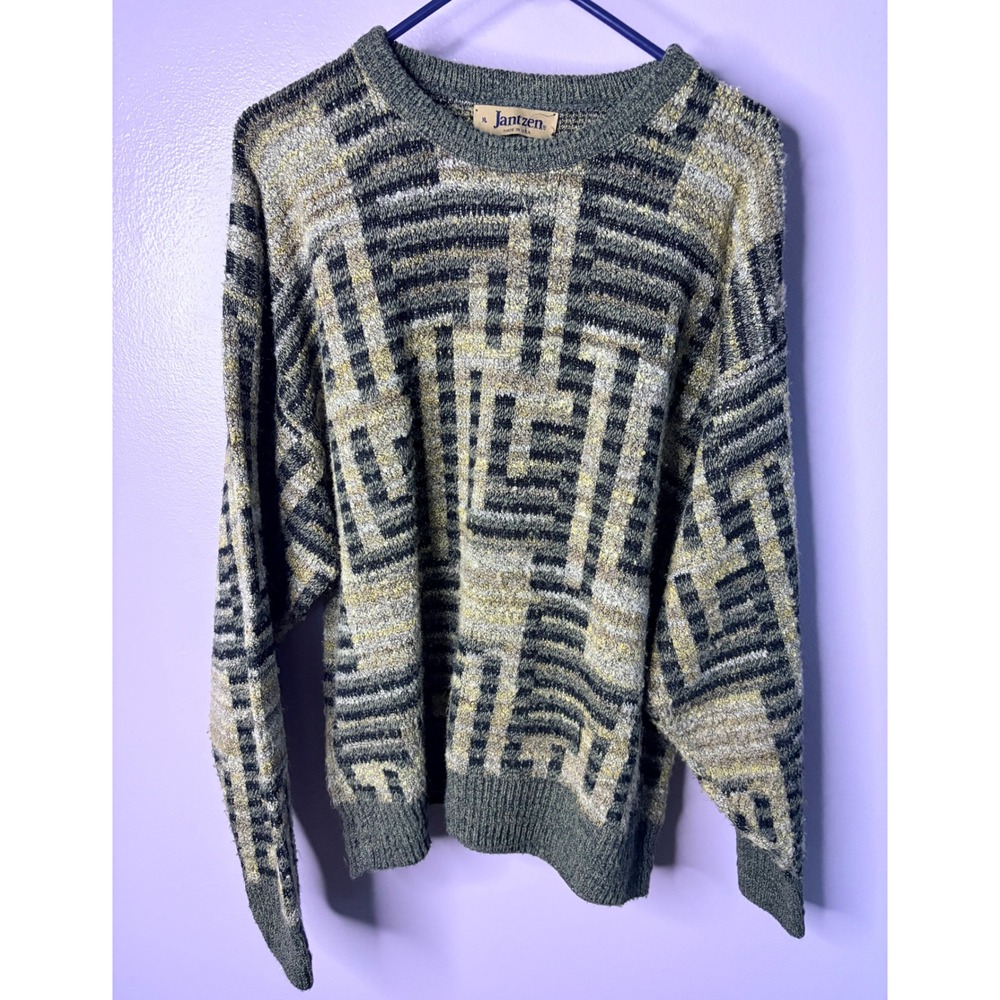 Vintage‎ Jantzen Mens XL Abstract Geometric Knit Sweater Grey Gold Made in USA